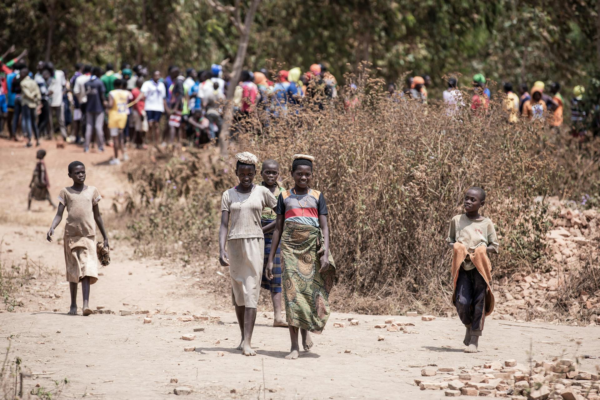 Families walking in rural Africa
