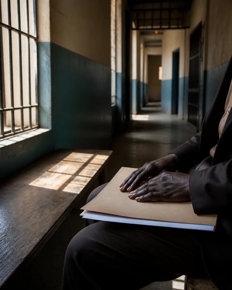 A person holding legal papers while seated in a sunlit institutional corridor