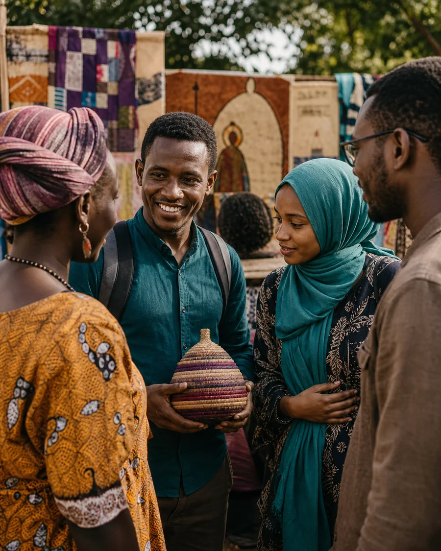 Refugee and host-community participants sharing conversation at an outdoor cultural market