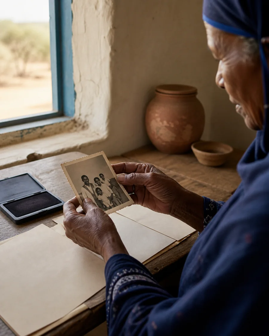 An older woman holding a family photograph beside blank identity papers